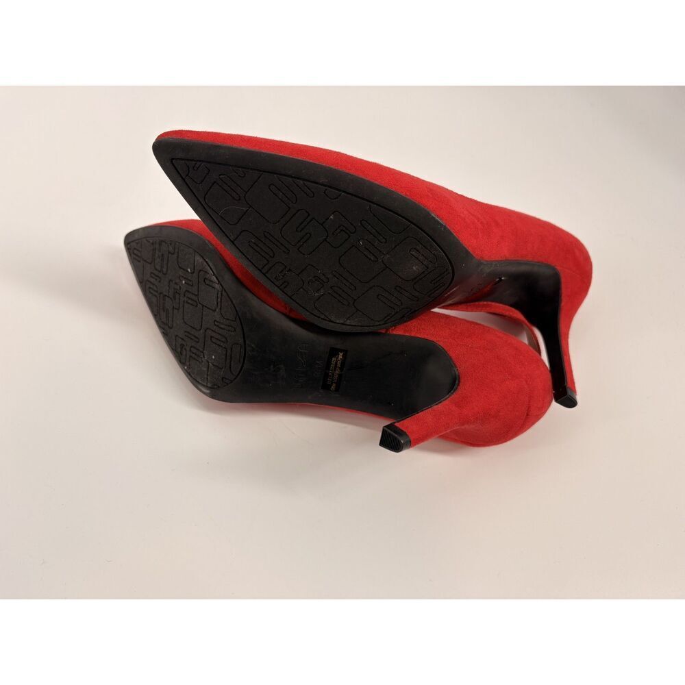Red Suede Ankle Strap Heels | Pointed Toe Stiletto Pumps - Picture 6 of 7